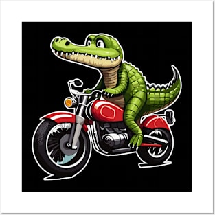 Crocodile driving a motorcycle Posters and Art